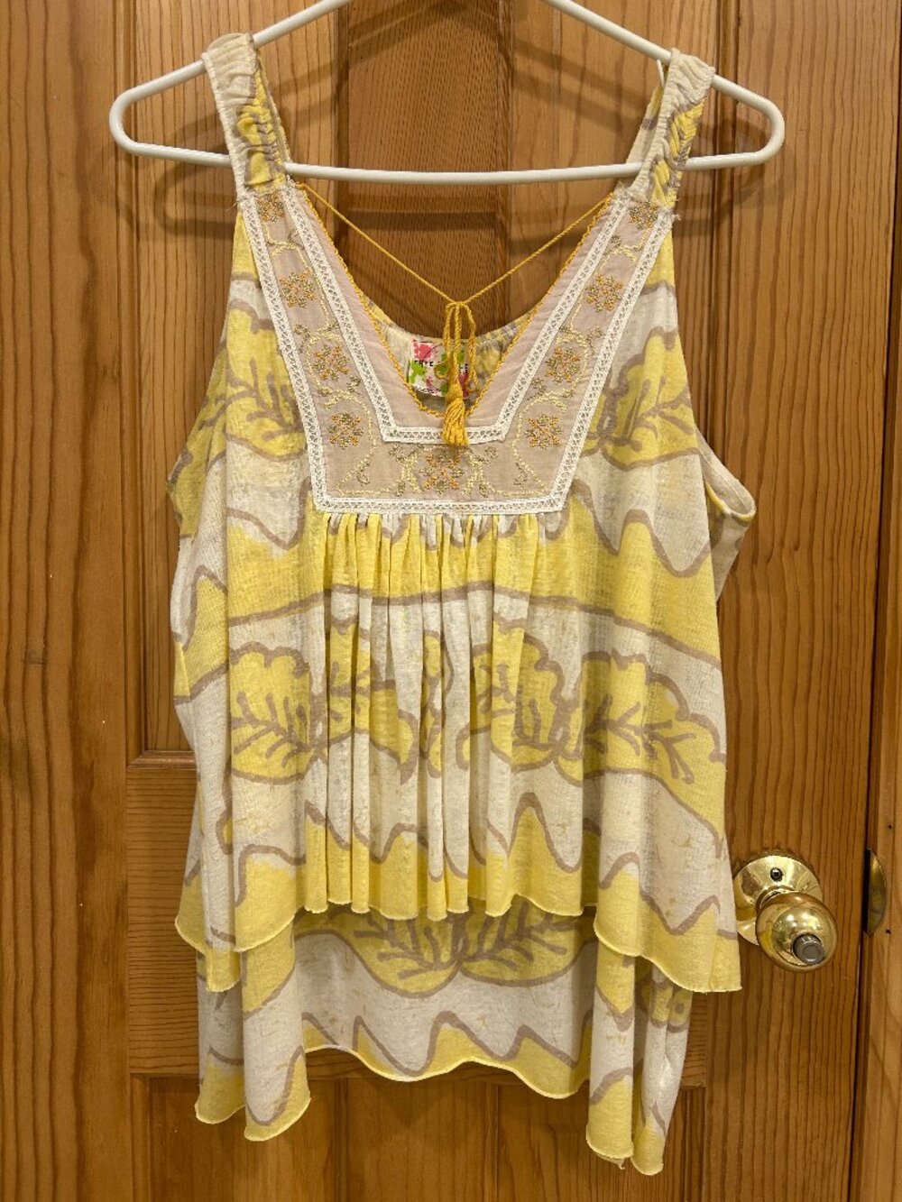 Free People Vintage Tank Top with Embroidery and Tassel Tie Yellow